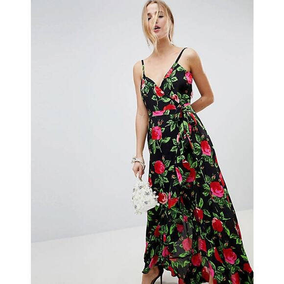 ASOS Ruffle Front Wrap Maxi Cami Dress in Bold Floral Women's Size 6 Black Pink - Picture 2 of 11